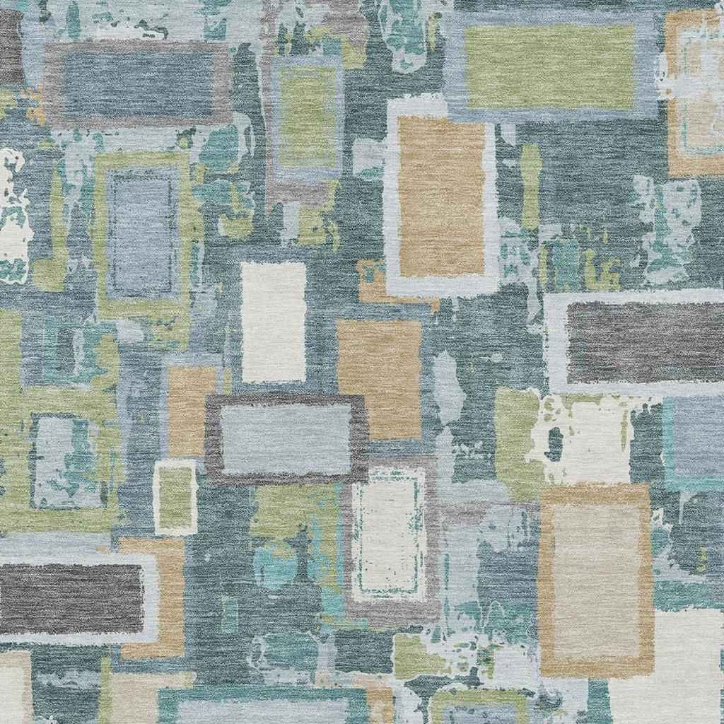 10' X 14' Teal Blue Green And Ivory Geometric Washable Indoor Outdoor Area Rug