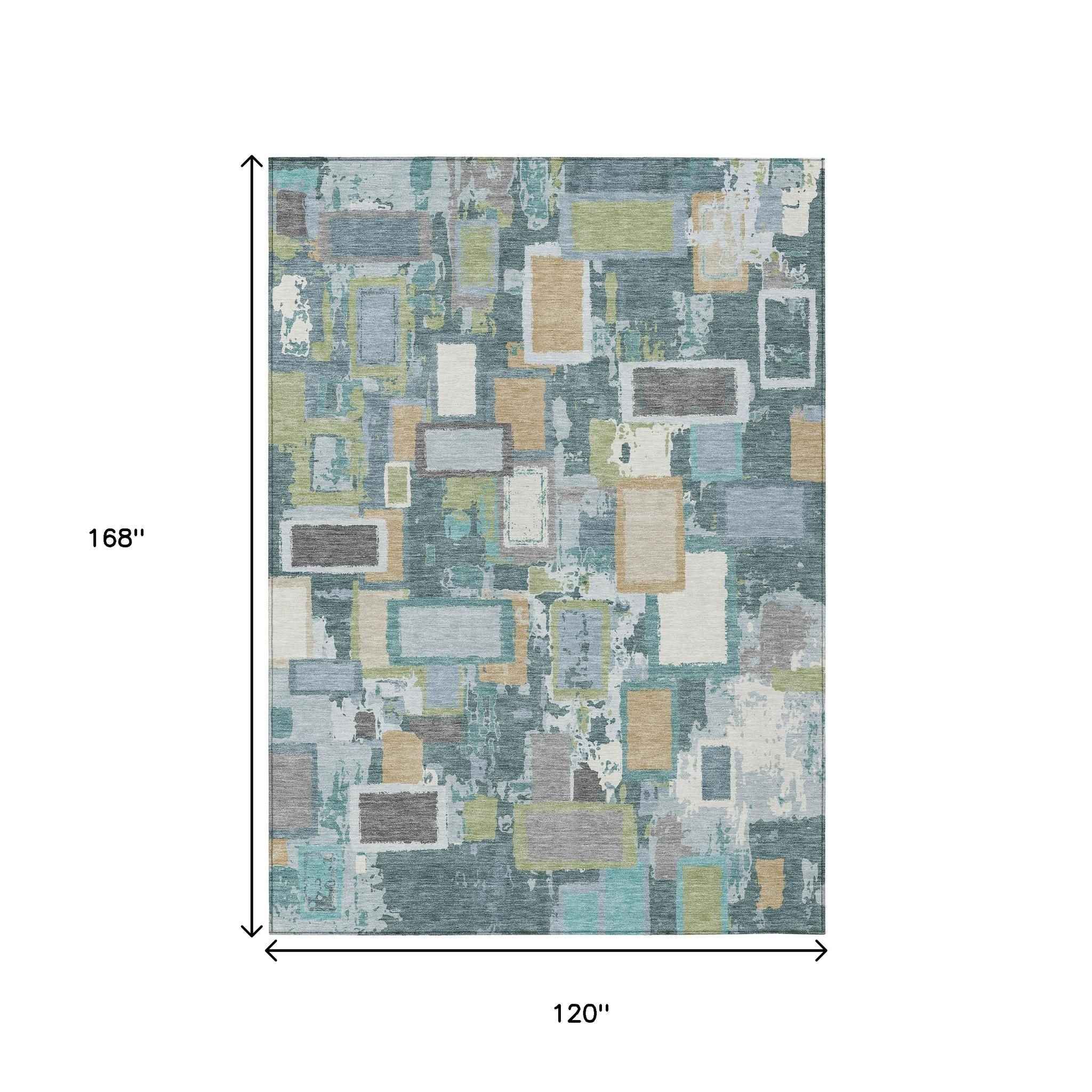 10' X 14' Teal Blue Green And Ivory Geometric Washable Indoor Outdoor Area Rug