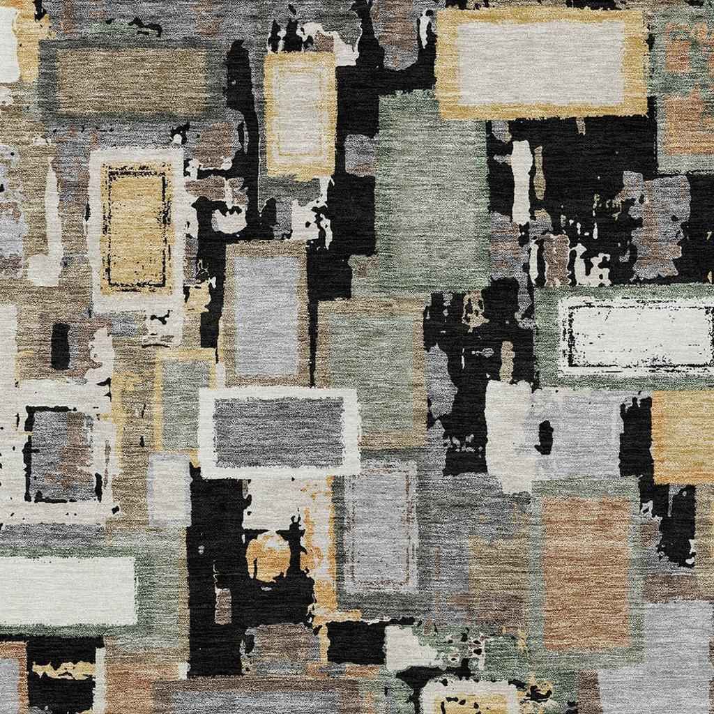 9' X 12' Black Gold And Ivory Geometric Washable Indoor Outdoor Area Rug