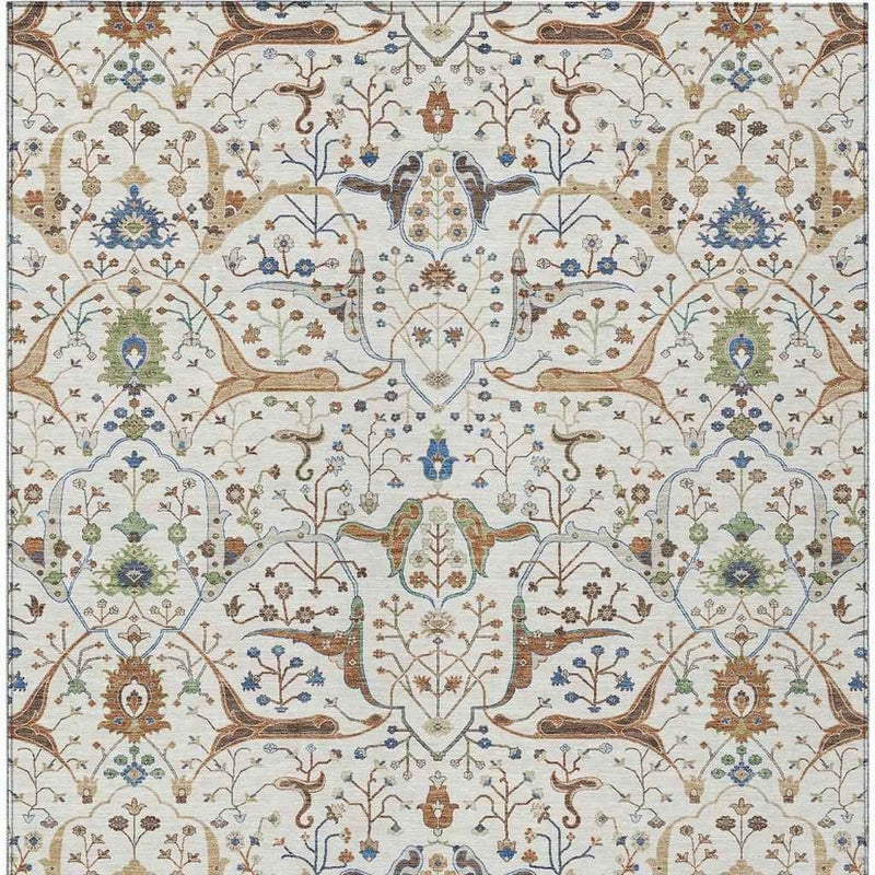 5' X 8' Ivory Copper And Blue Floral Washable Indoor Outdoor Area Rug