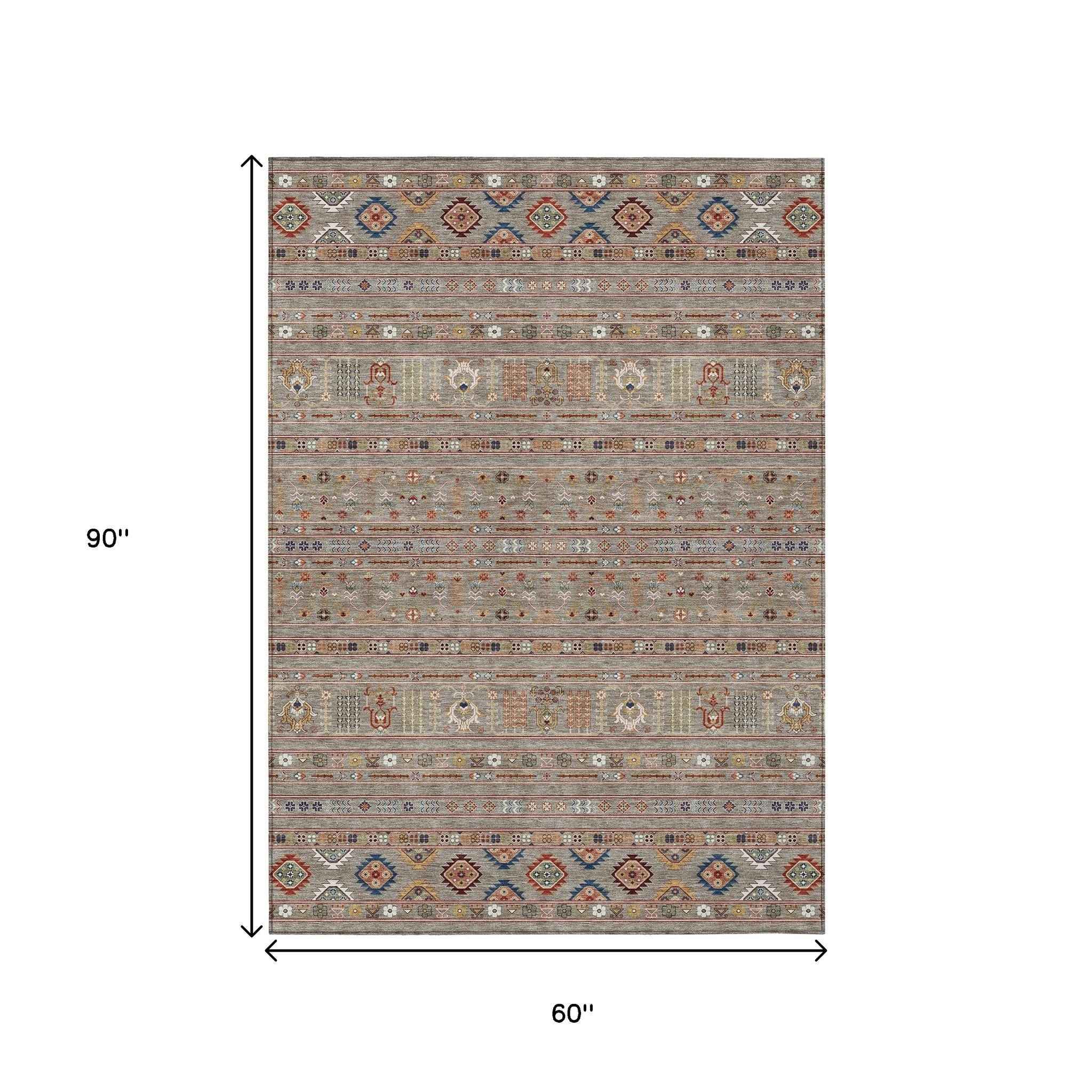 5' X 8' Taupe Blue And Copper Tribal Washable Indoor Outdoor Area Rug