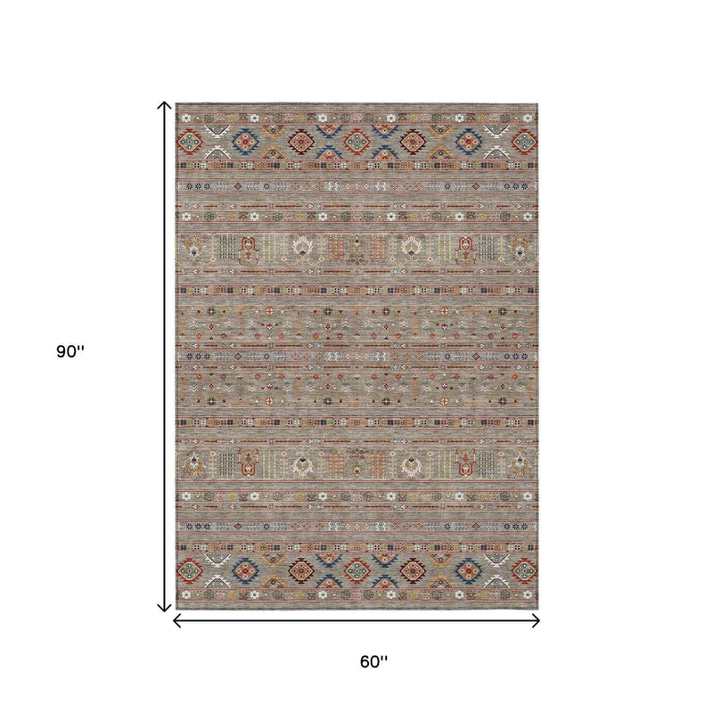 5' X 8' Taupe Blue And Copper Tribal Washable Indoor Outdoor Area Rug