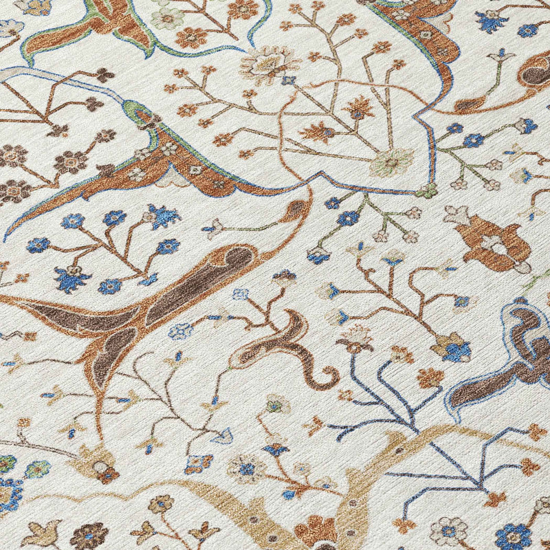 5' X 8' Ivory Copper And Blue Floral Washable Indoor Outdoor Area Rug