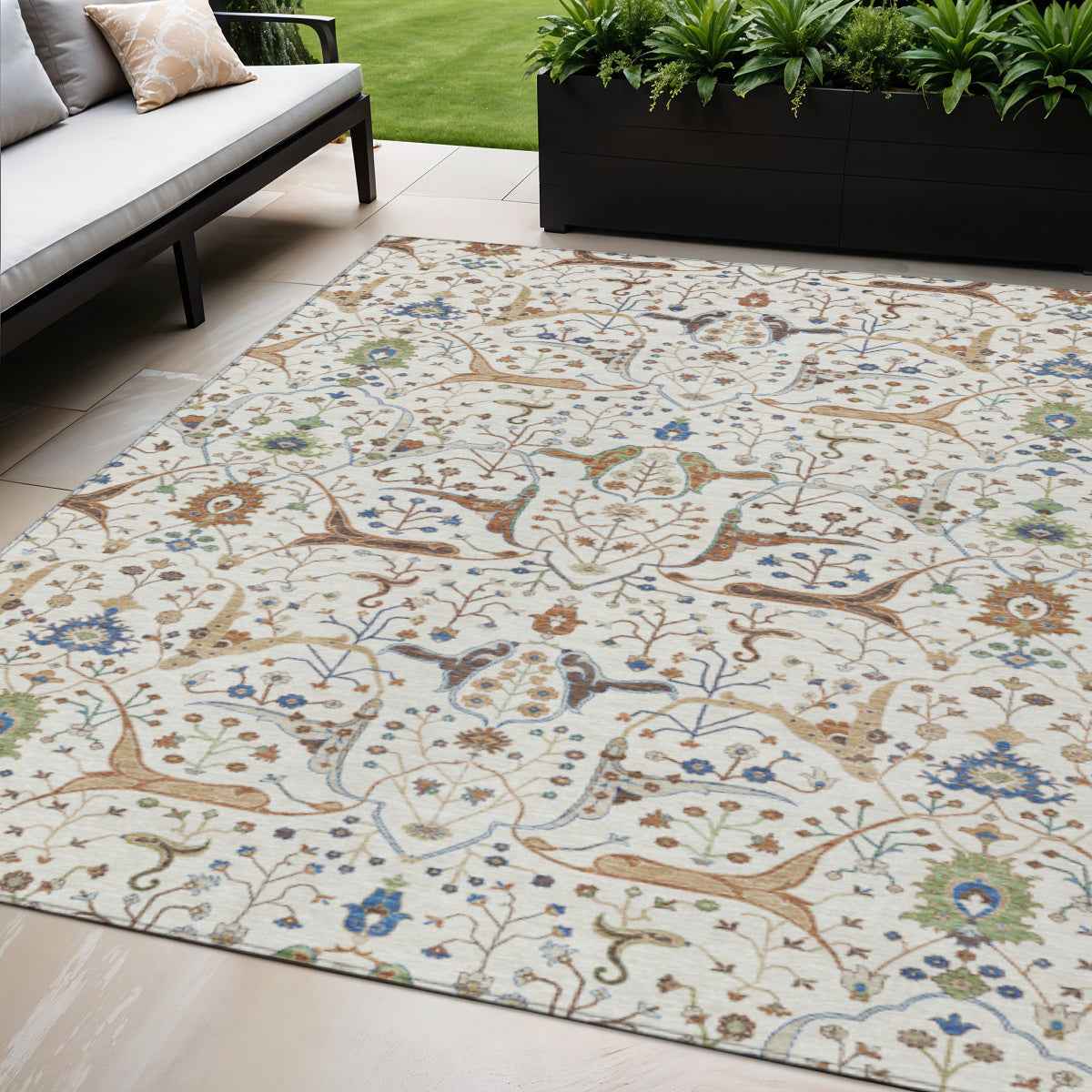5' X 8' Ivory Copper And Blue Floral Washable Indoor Outdoor Area Rug