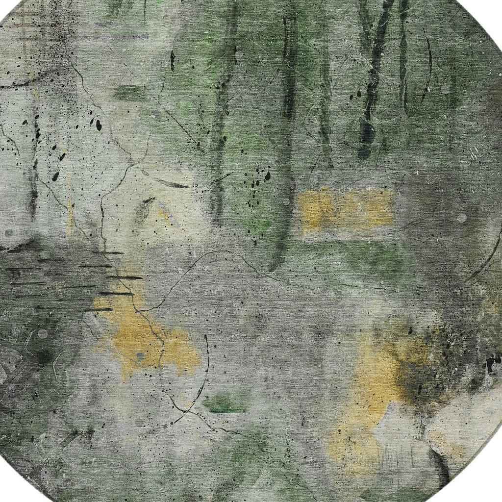 8' Pewter And Gold Round Abstract Washable Indoor Outdoor Area Rug