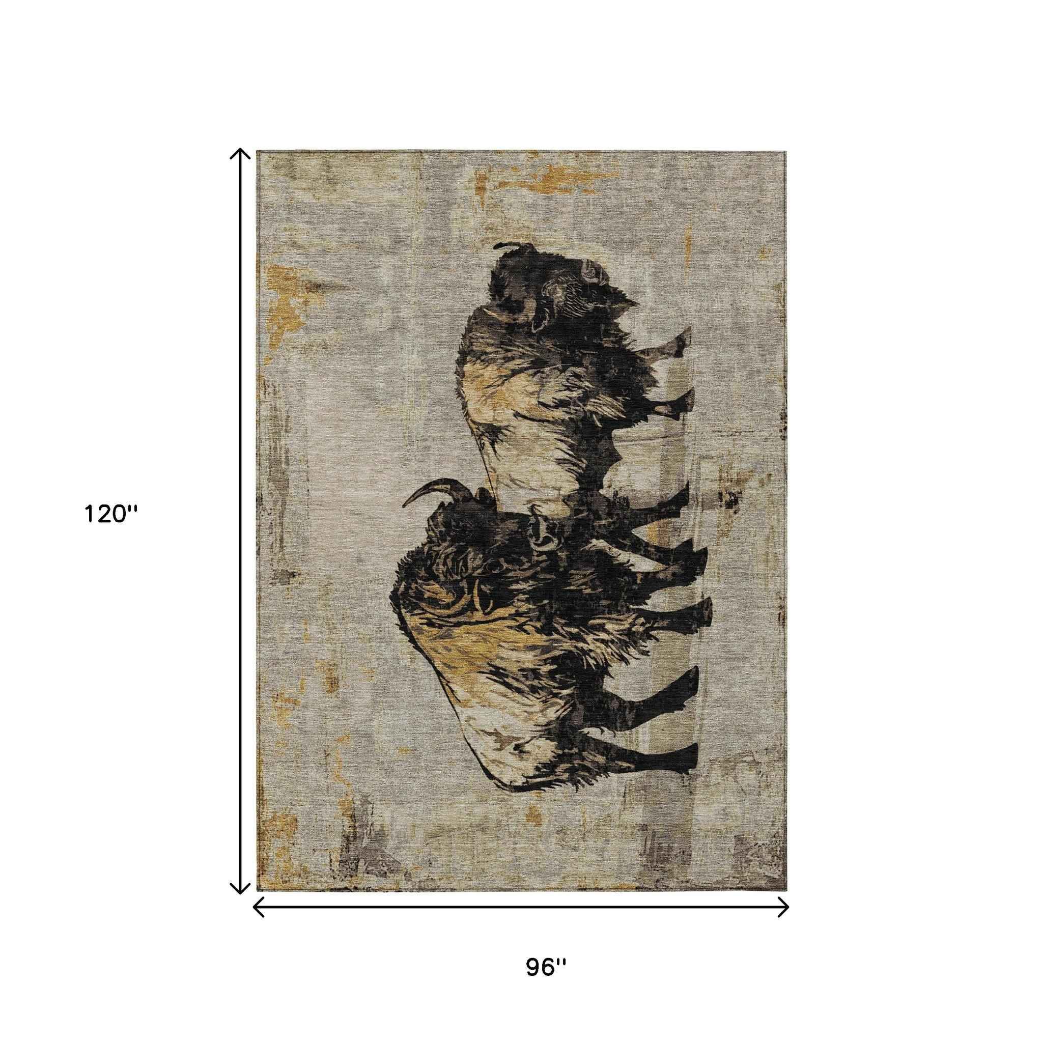 8' X 10' Khaki Black And Ivory Animal Print Washable Indoor Outdoor Area Rug