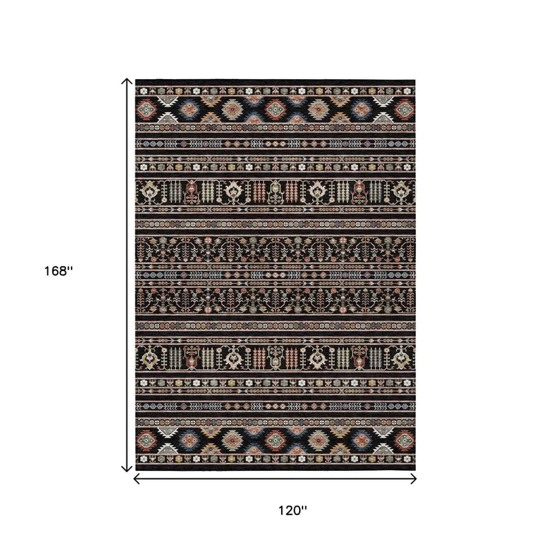 10' X 14' Black Blue And Copper Tribal Washable Indoor Outdoor Area Rug