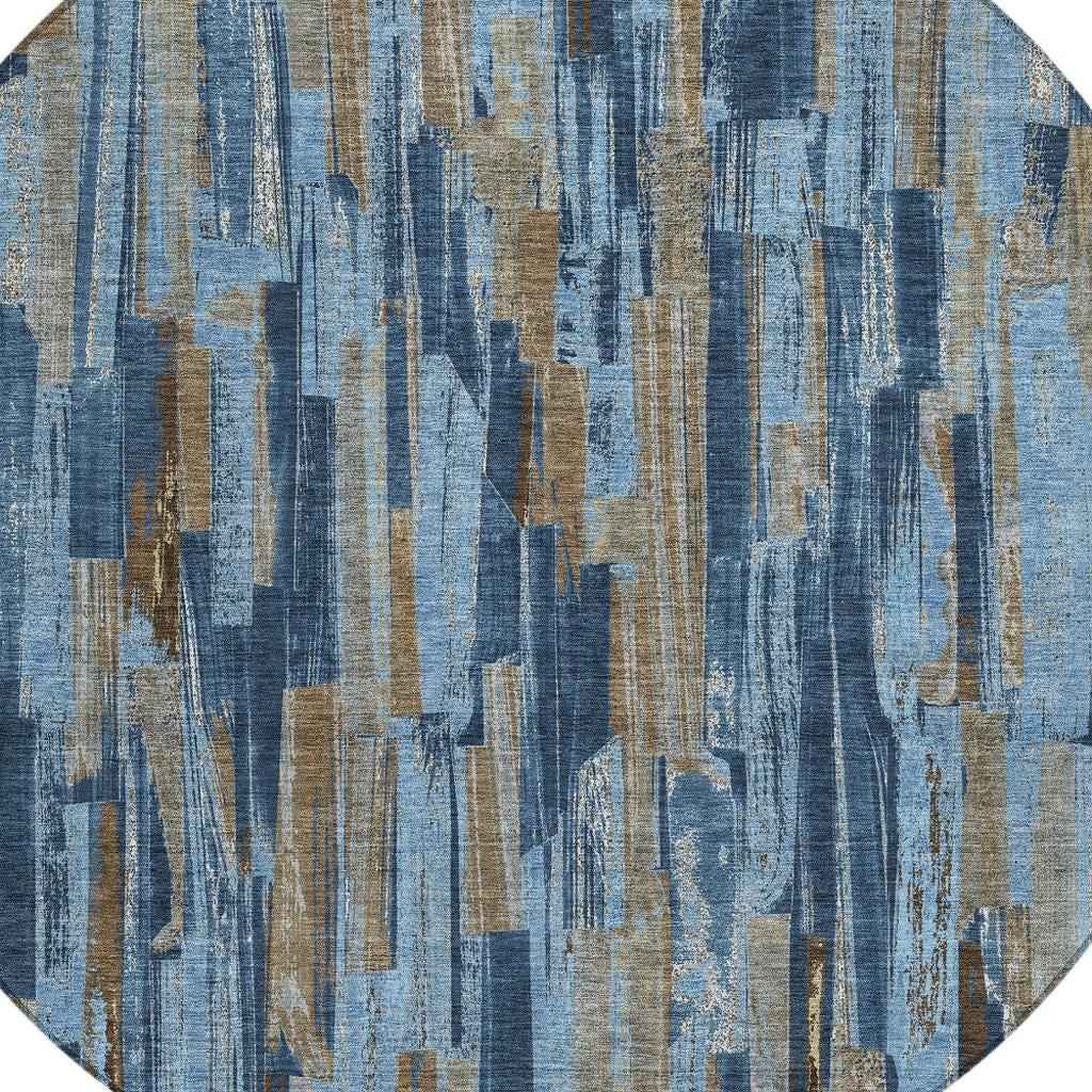 8' Navy Blue And Taupe Round Striped Washable Indoor Outdoor Area Rug