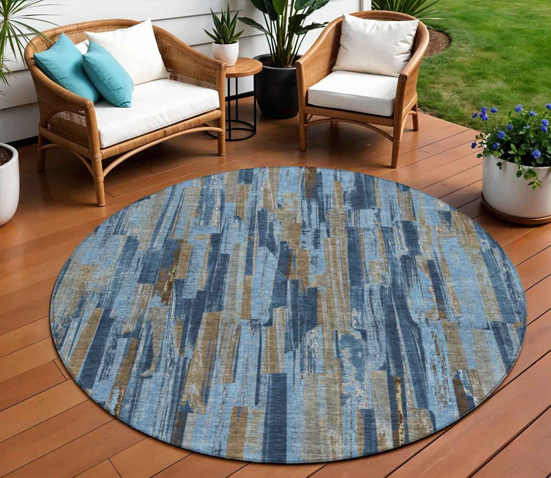 8' Navy Blue And Taupe Round Striped Washable Indoor Outdoor Area Rug