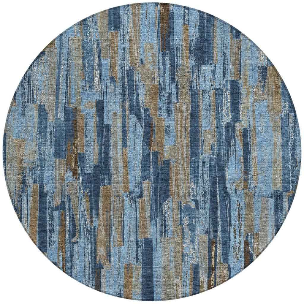 8' Navy Blue And Taupe Round Striped Washable Indoor Outdoor Area Rug