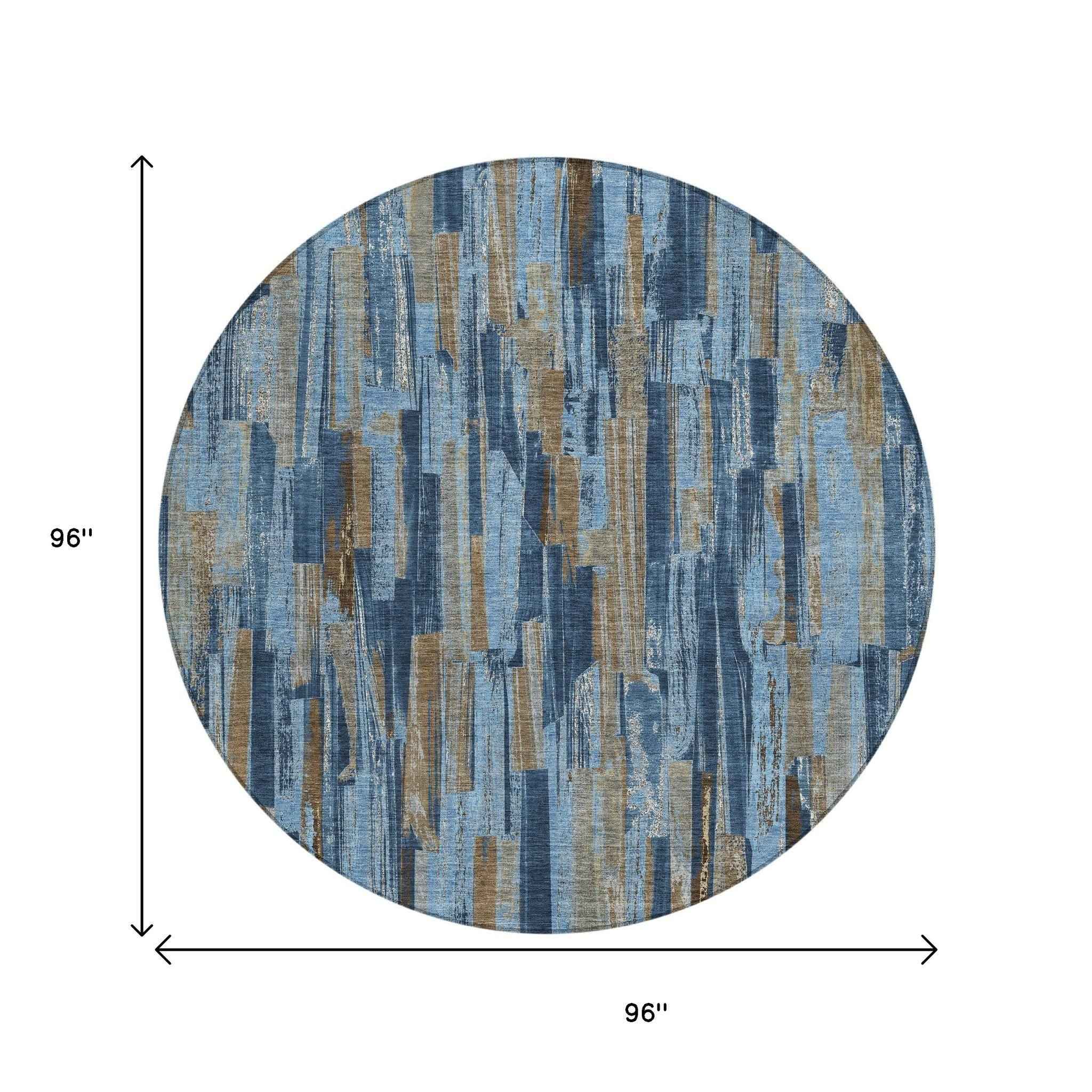 8' Navy Blue And Taupe Round Striped Washable Indoor Outdoor Area Rug