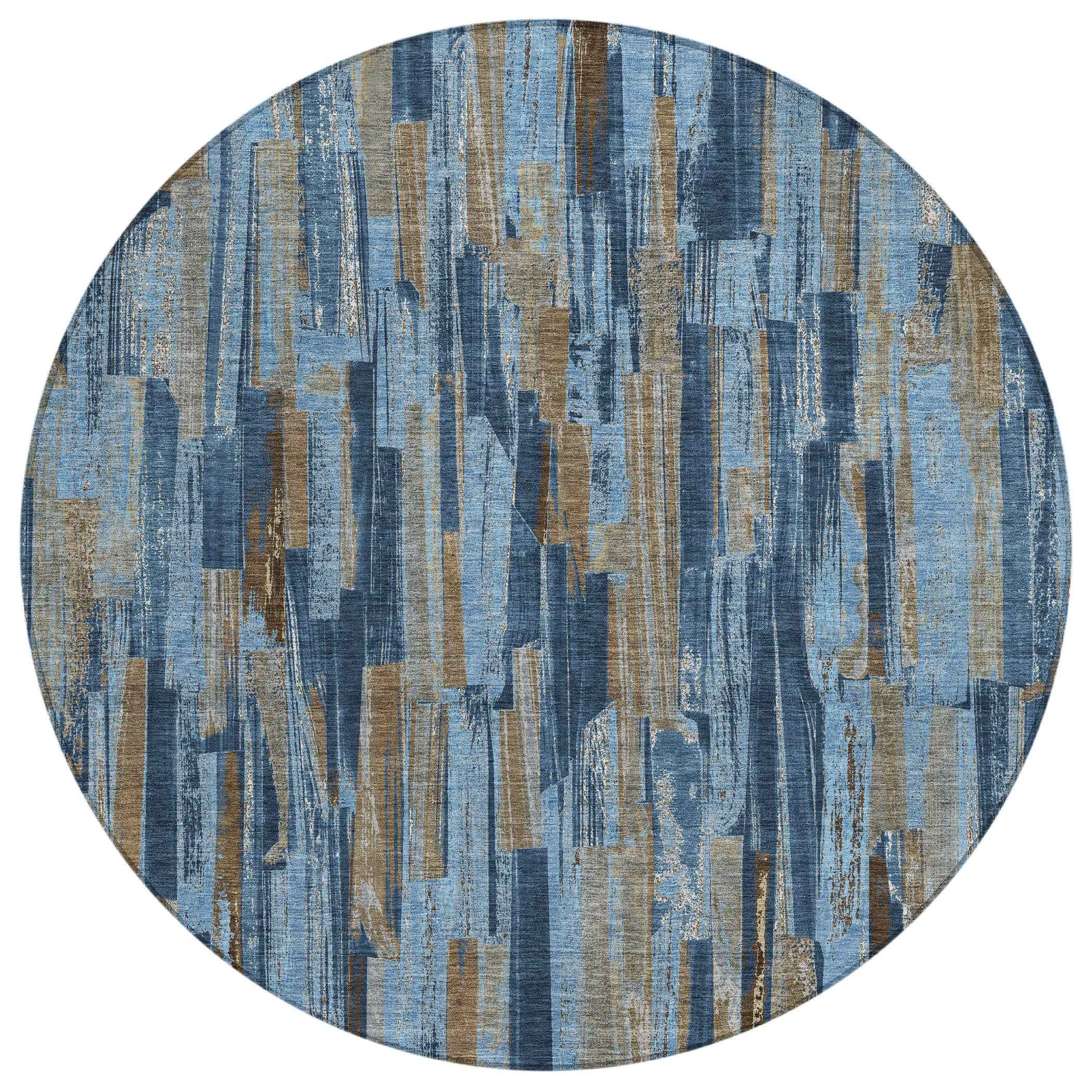 8' Navy Blue And Taupe Round Striped Washable Indoor Outdoor Area Rug