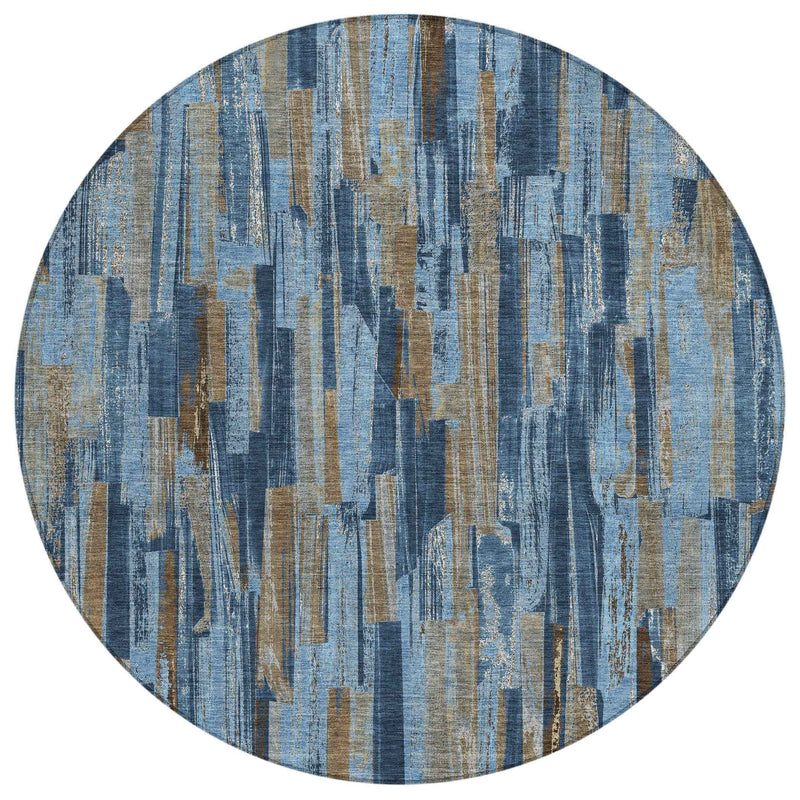 8' Navy Blue And Taupe Round Striped Washable Indoor Outdoor Area Rug