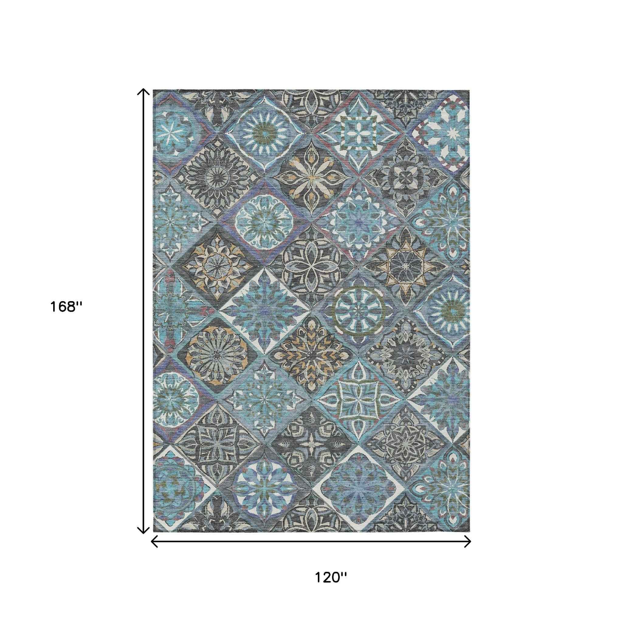 10' X 14' Teal Blue And Ivory Patchwork Washable Indoor Outdoor Area Rug