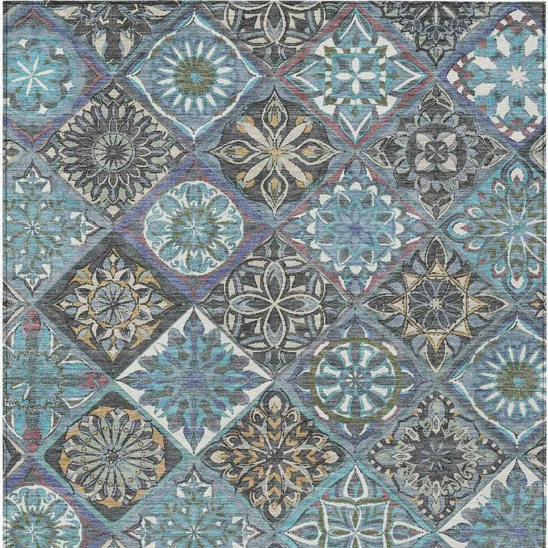 10' X 14' Teal Blue And Ivory Patchwork Washable Indoor Outdoor Area Rug