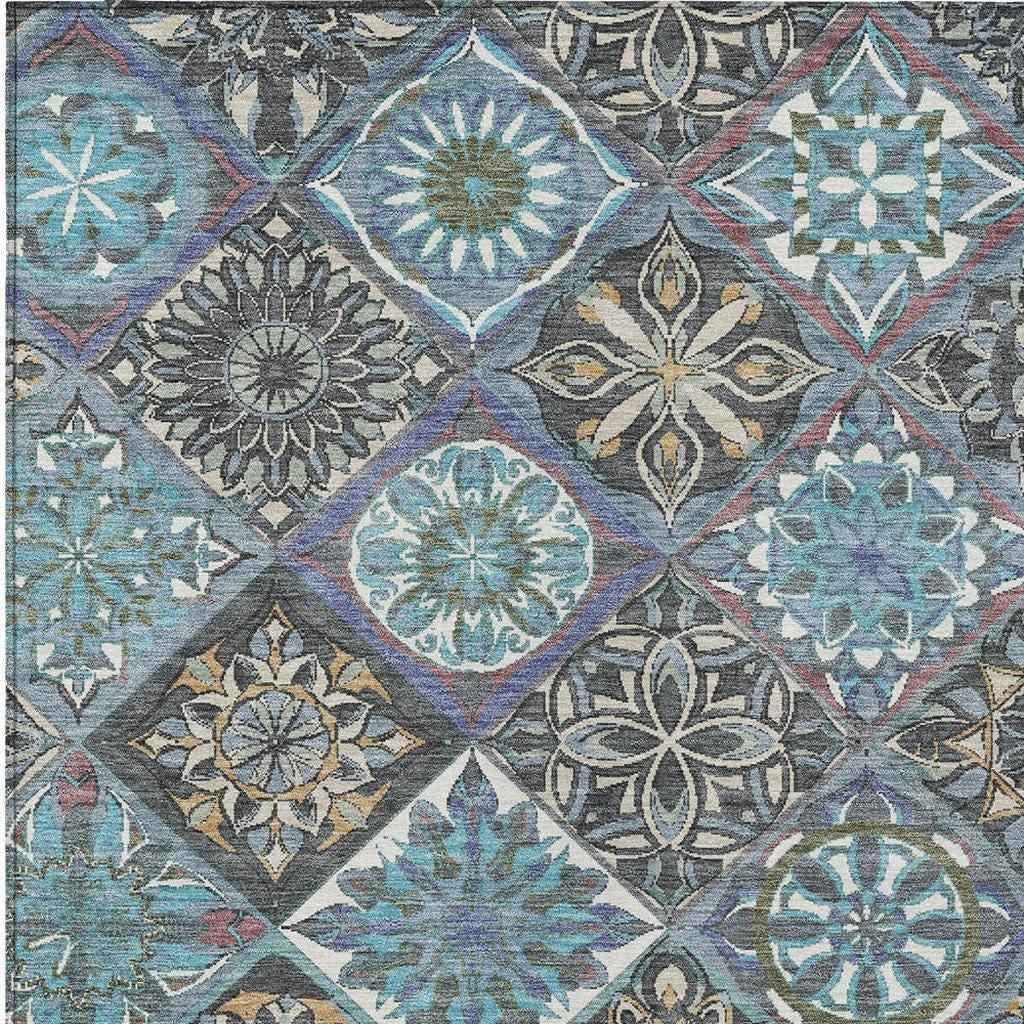 10' X 14' Teal Blue And Ivory Patchwork Washable Indoor Outdoor Area Rug