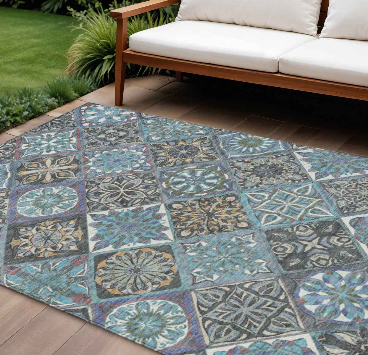 10' X 14' Teal Blue And Ivory Patchwork Washable Indoor Outdoor Area Rug