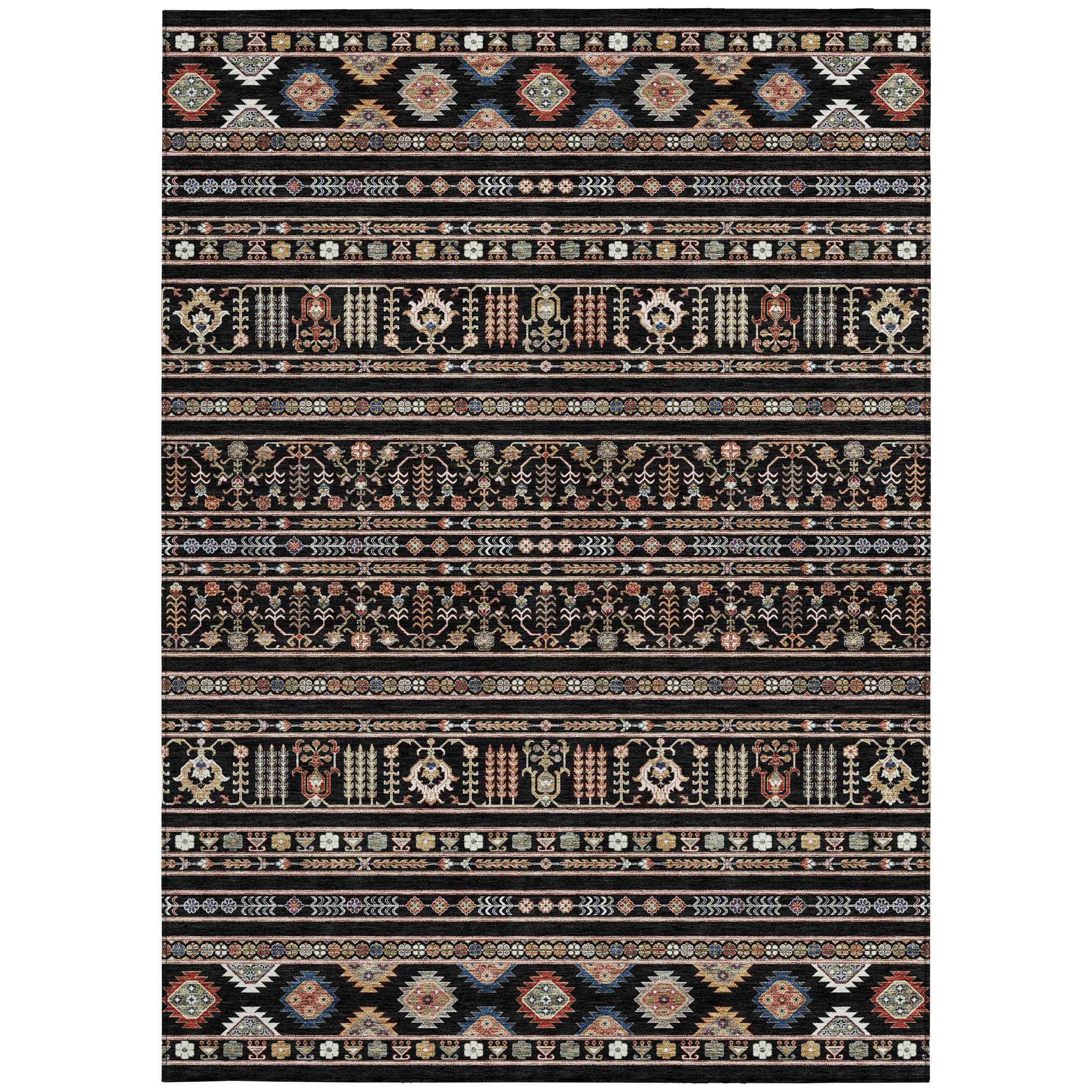 10' X 14' Black Blue And Copper Tribal Washable Indoor Outdoor Area Rug