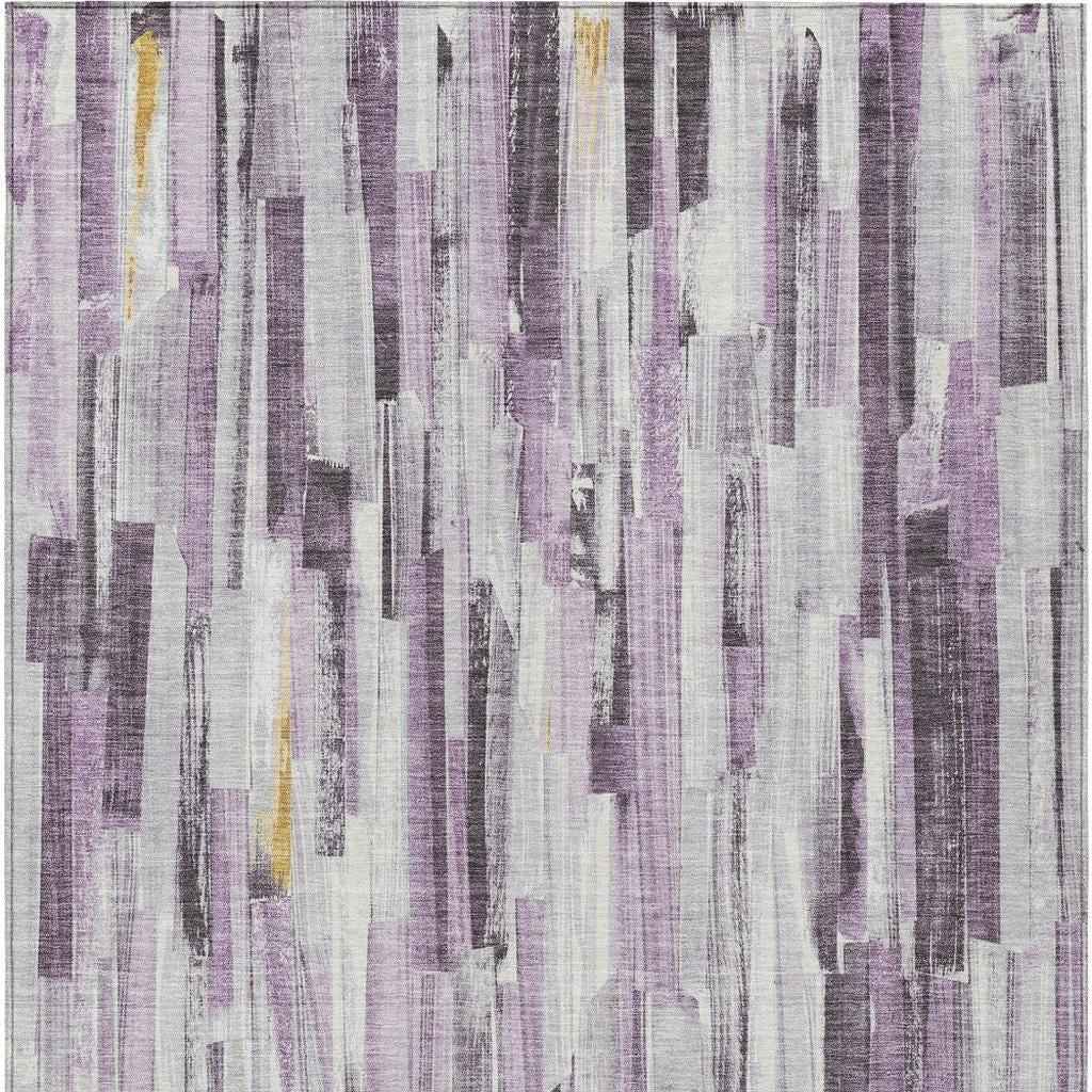 9' X 12' Lavender And Ivory Striped Washable Indoor Outdoor Area Rug