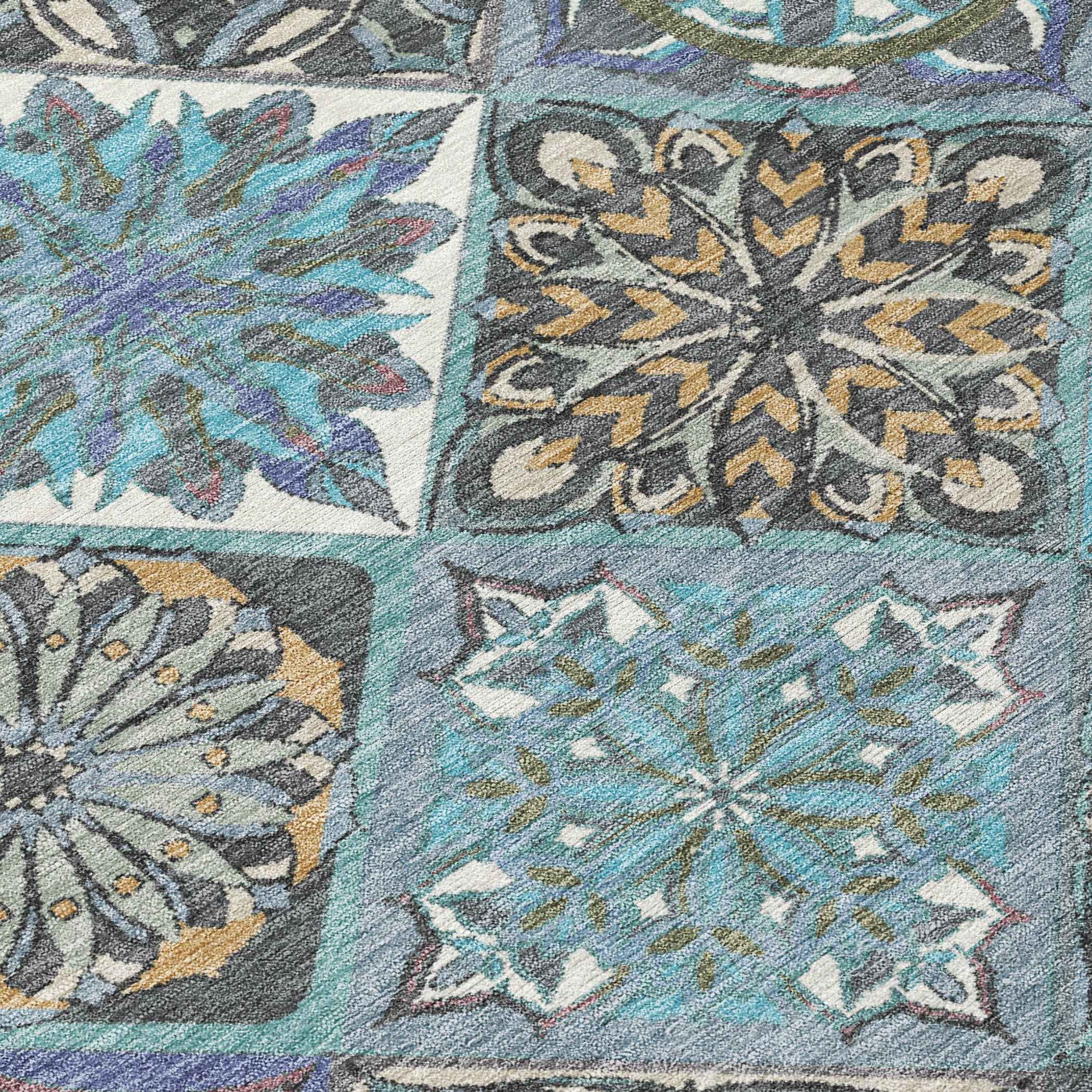 10' X 14' Teal Blue And Ivory Patchwork Washable Indoor Outdoor Area Rug