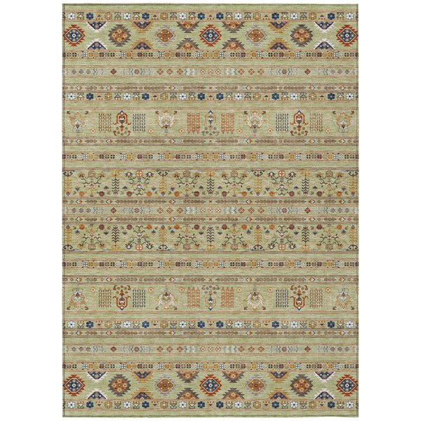 9' X 12' Artichoke Green Blue And Copper Tribal Washable Indoor Outdoor Area Rug