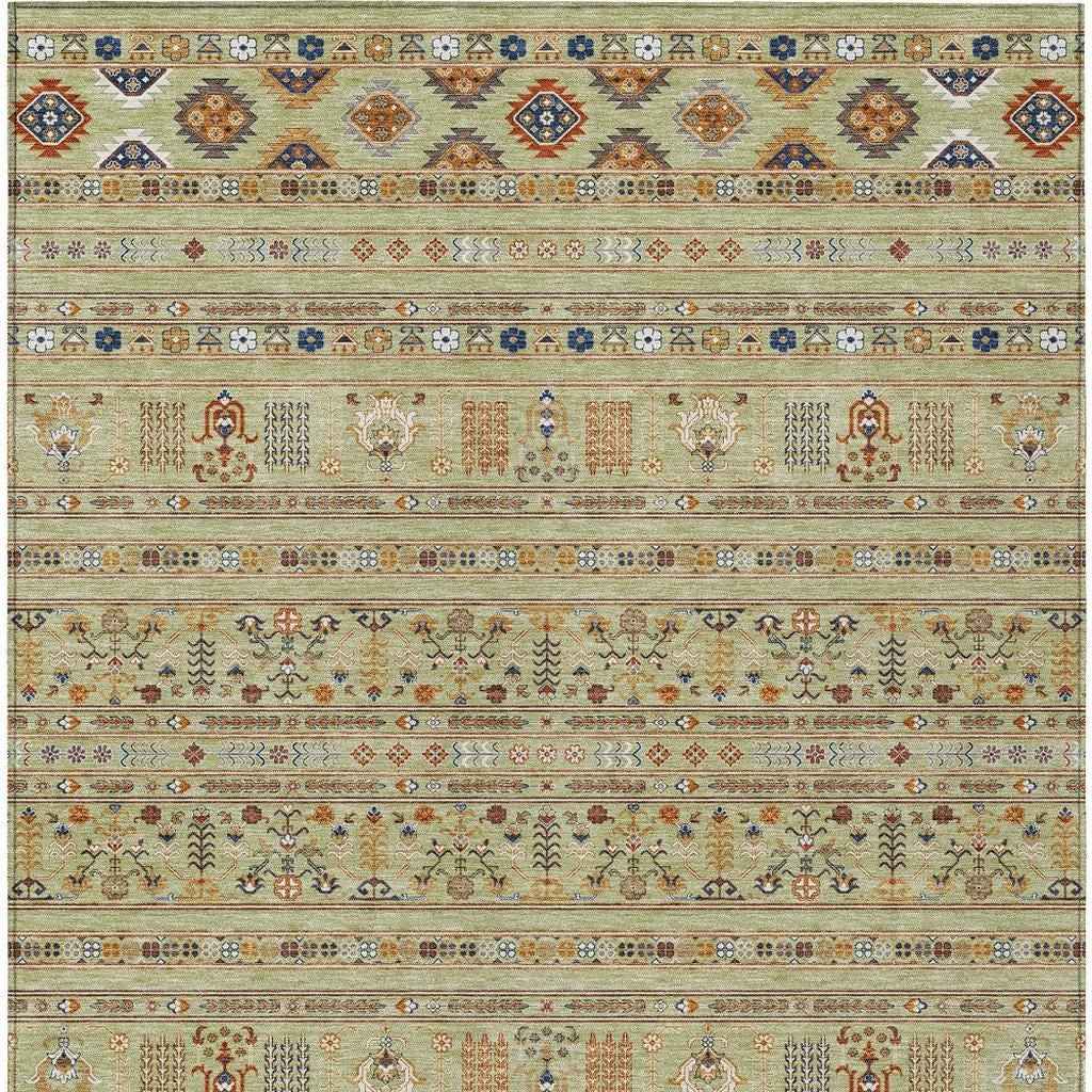 9' X 12' Artichoke Green Blue And Copper Tribal Washable Indoor Outdoor Area Rug