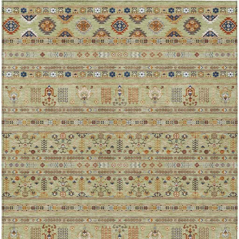 9' X 12' Artichoke Green Blue And Copper Tribal Washable Indoor Outdoor Area Rug