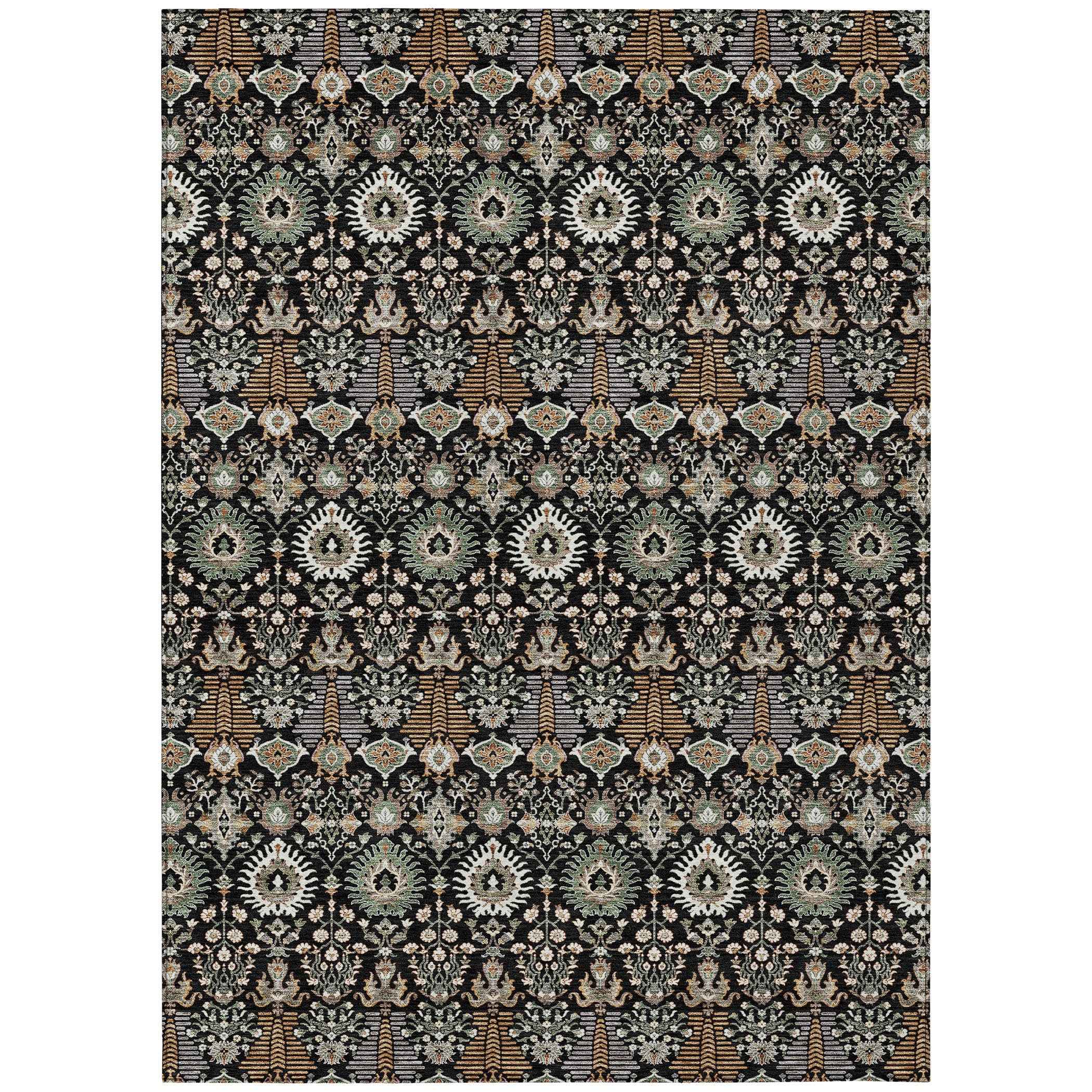 10' X 14' Black And Ivory Floral Washable Indoor Outdoor Area Rug