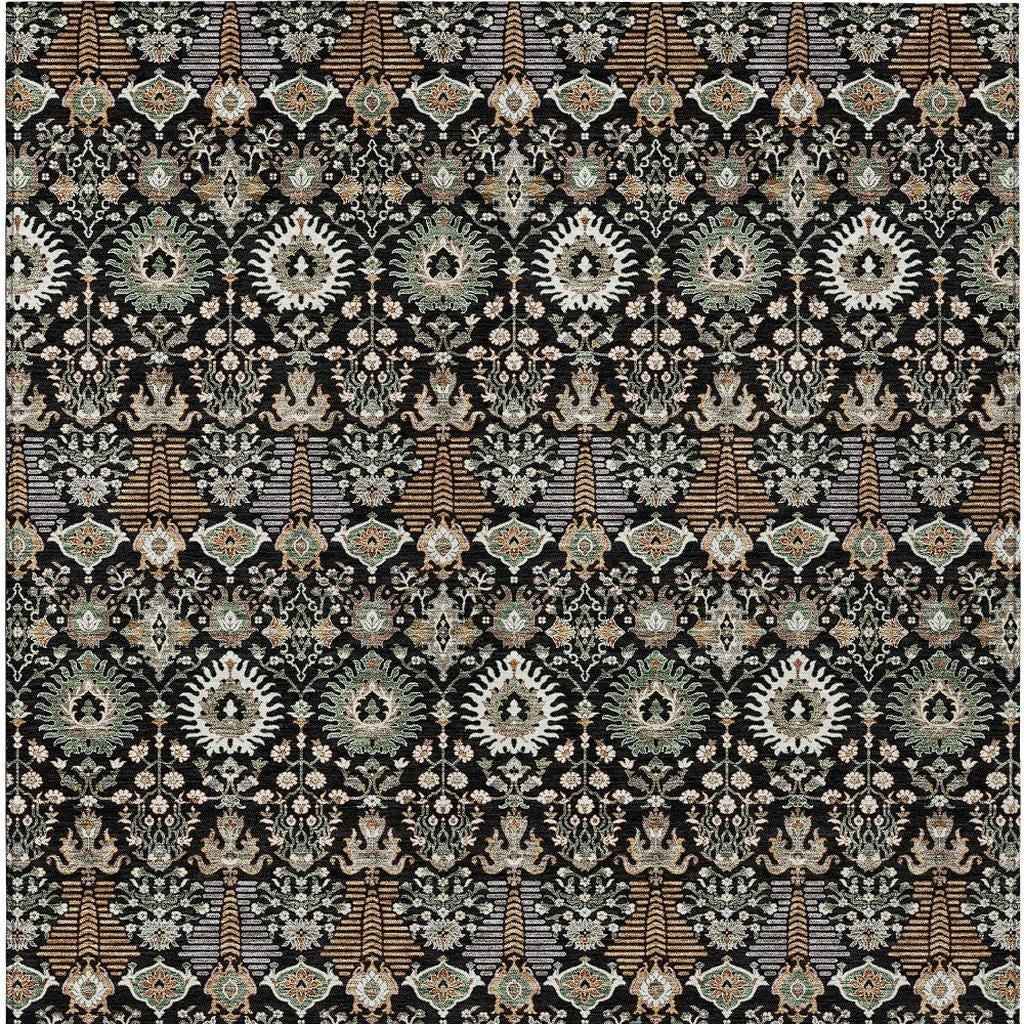 10' X 14' Black And Ivory Floral Washable Indoor Outdoor Area Rug