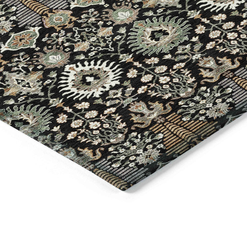 10' X 14' Black And Ivory Floral Washable Indoor Outdoor Area Rug