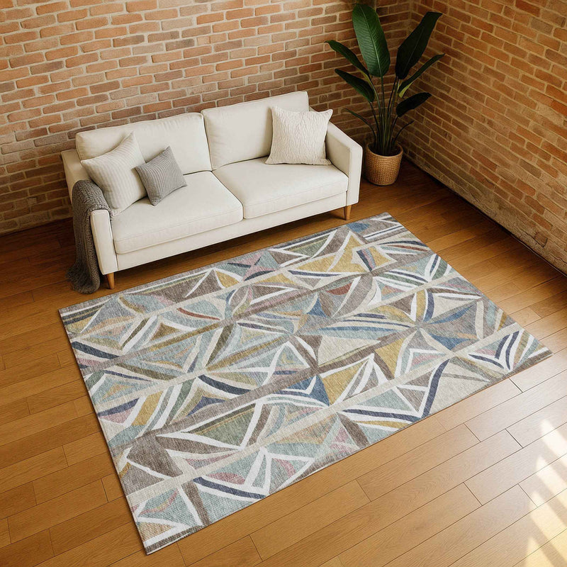 3' X 5' Taupe Ivory And Gold Geometric Washable Indoor Outdoor Area Rug