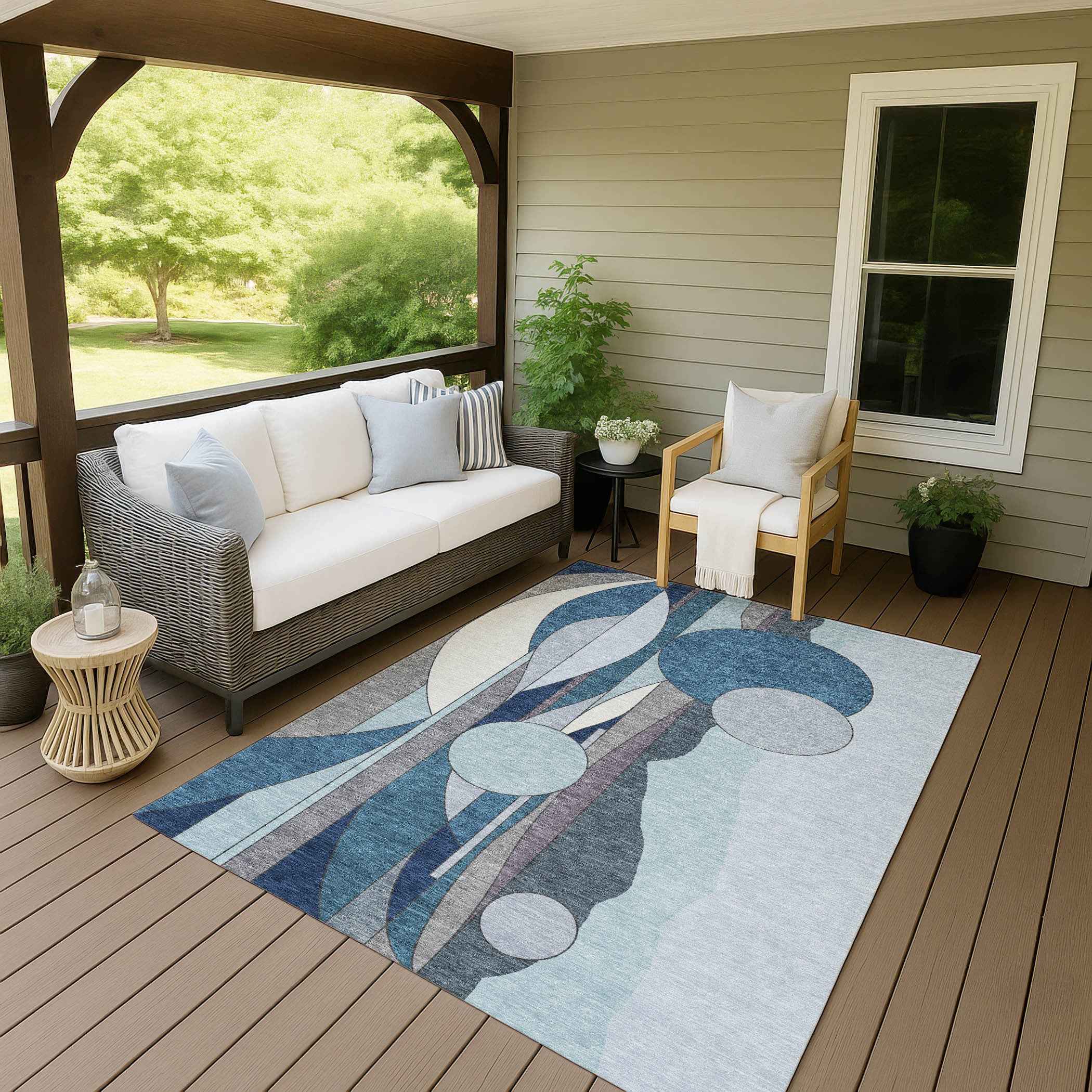 9' X 12' Blue And Ivory Geometric Washable Indoor Outdoor Area Rug