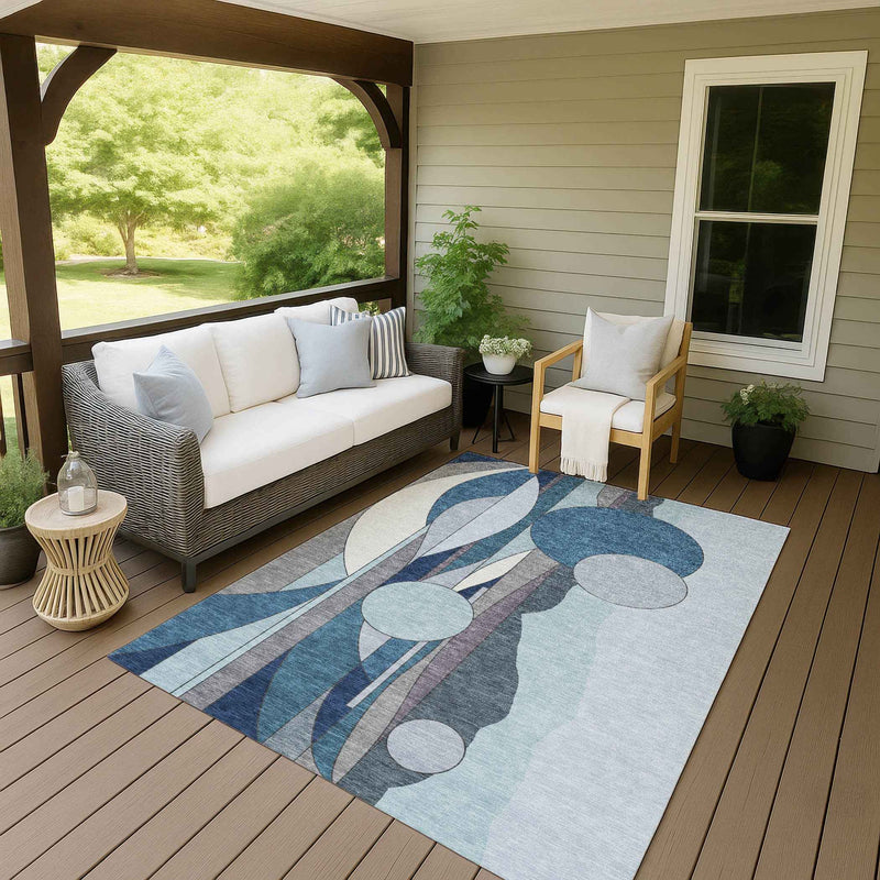 9' X 12' Blue And Ivory Geometric Washable Indoor Outdoor Area Rug