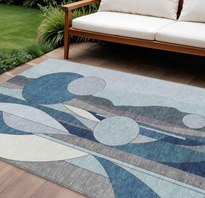 9' X 12' Blue And Ivory Geometric Washable Indoor Outdoor Area Rug
