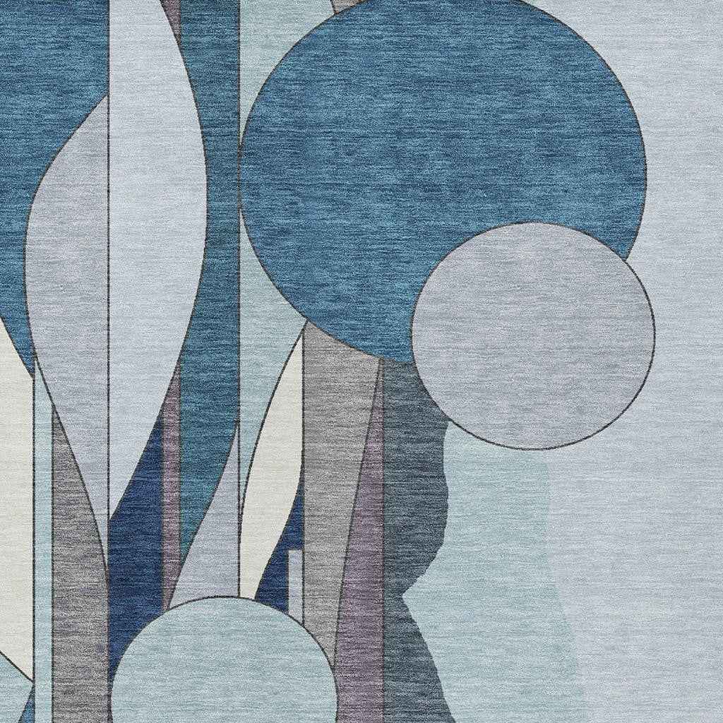 9' X 12' Blue And Ivory Geometric Washable Indoor Outdoor Area Rug