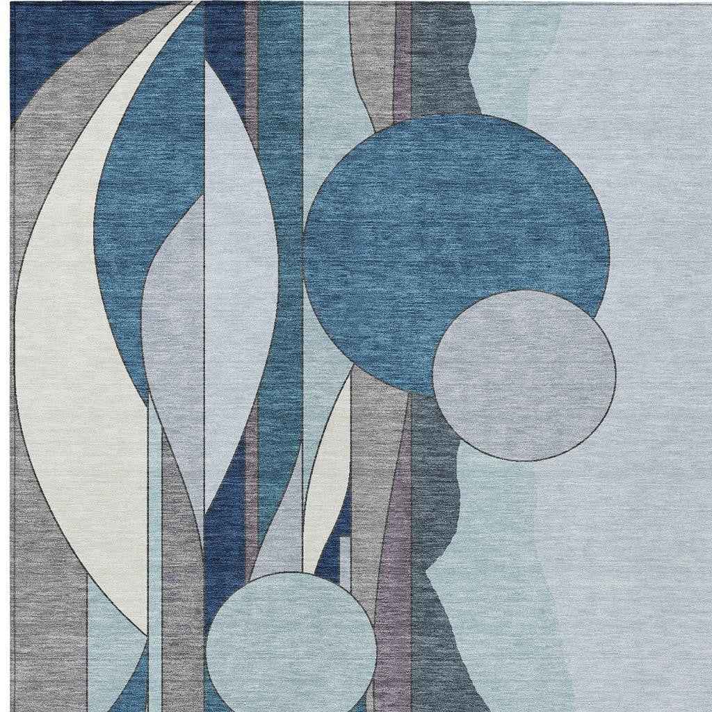 9' X 12' Blue And Ivory Geometric Washable Indoor Outdoor Area Rug