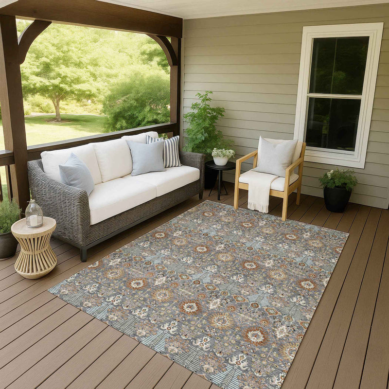 9' X 12' Gray And Copper Floral Washable Indoor Outdoor Area Rug