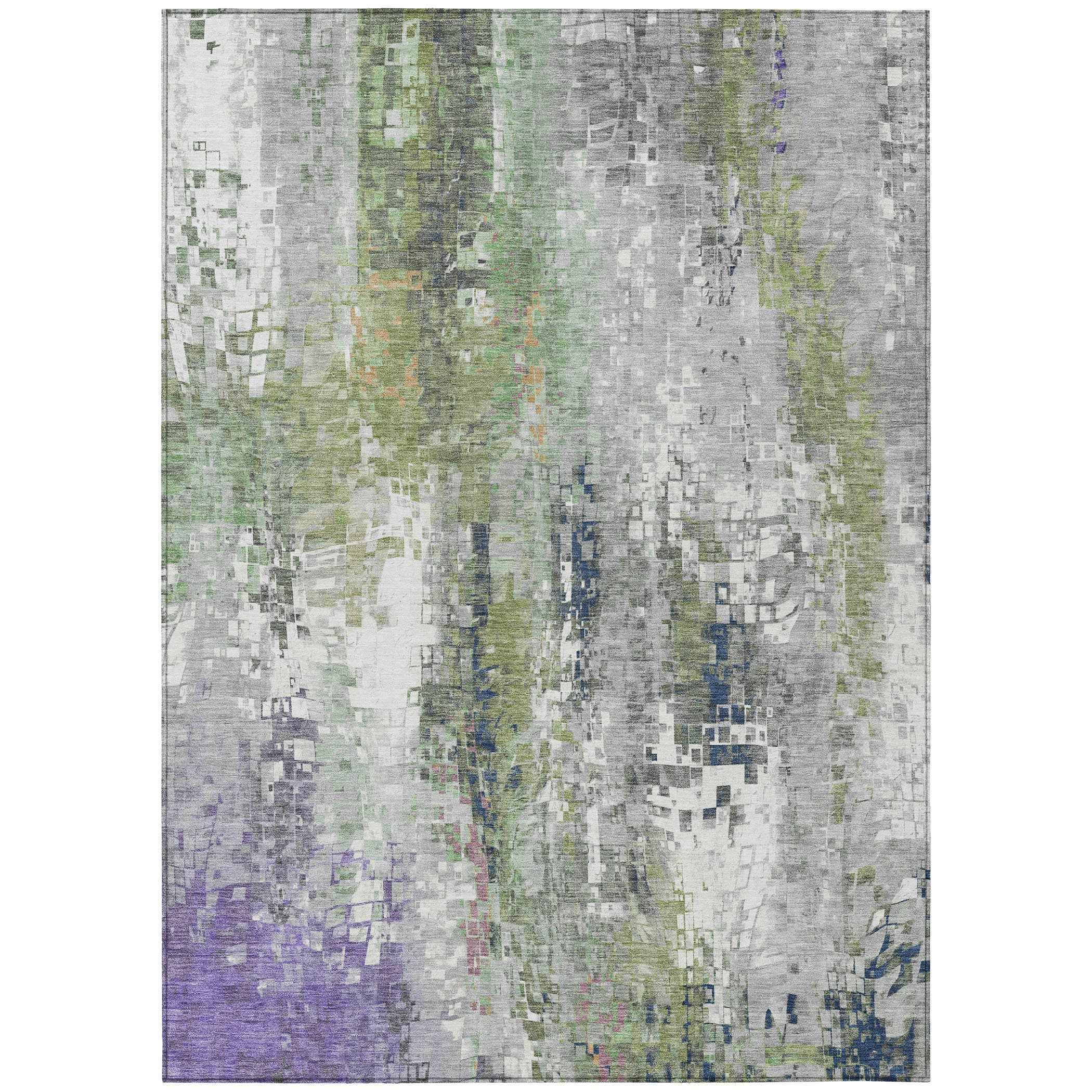 8' X 10' Artichoke Green Ivory And Purple Abstract Washable Indoor Outdoor Area Rug
