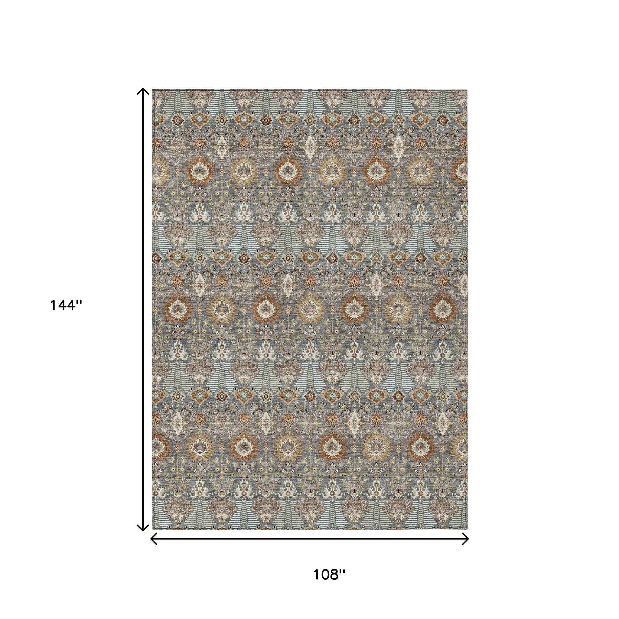 9' X 12' Gray And Copper Floral Washable Indoor Outdoor Area Rug