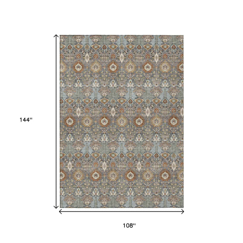 9' X 12' Gray And Copper Floral Washable Indoor Outdoor Area Rug