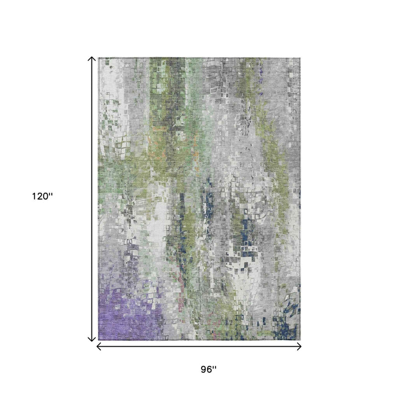 8' X 10' Artichoke Green Ivory And Purple Abstract Washable Indoor Outdoor Area Rug