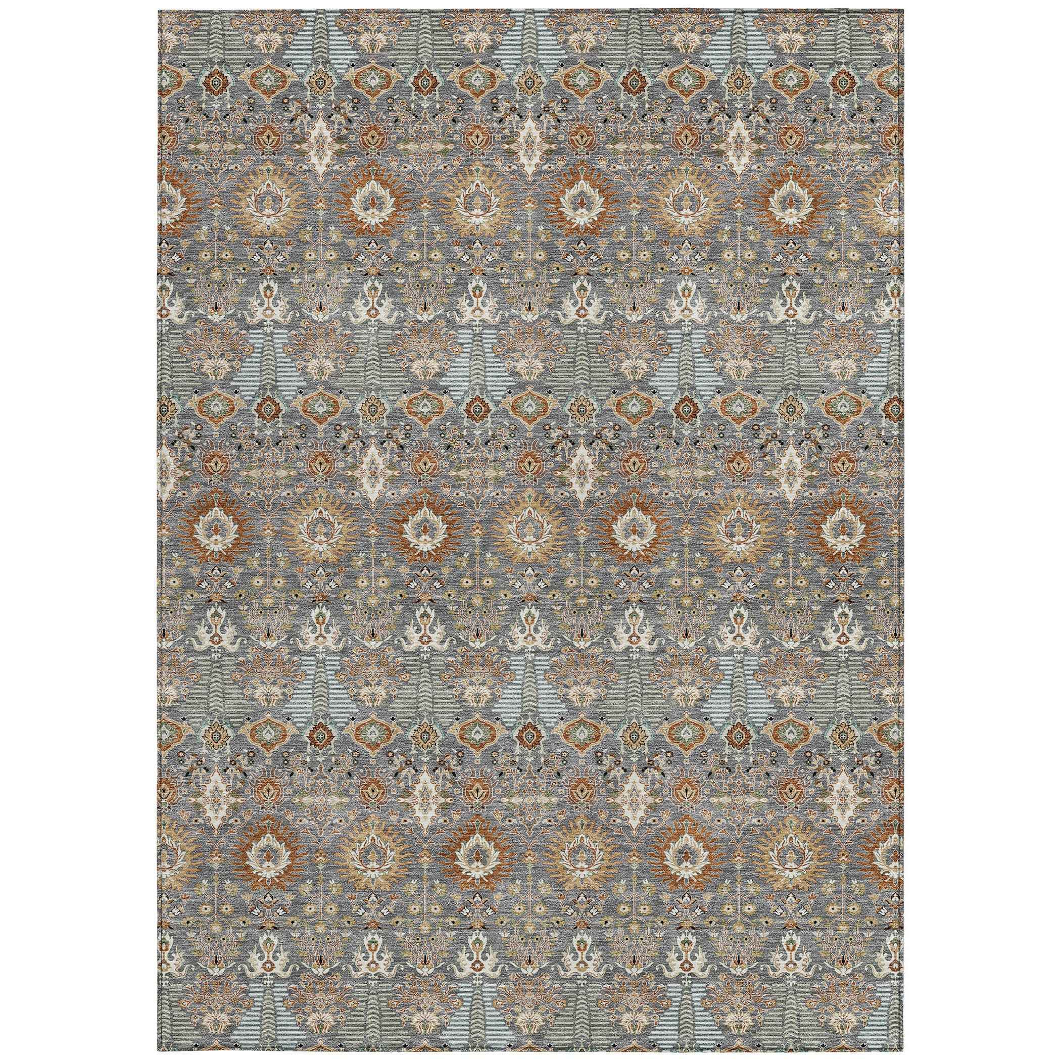 9' X 12' Gray And Copper Floral Washable Indoor Outdoor Area Rug