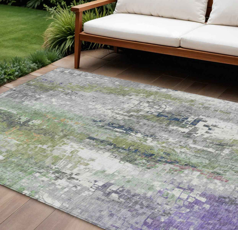 8' X 10' Artichoke Green Ivory And Purple Abstract Washable Indoor Outdoor Area Rug