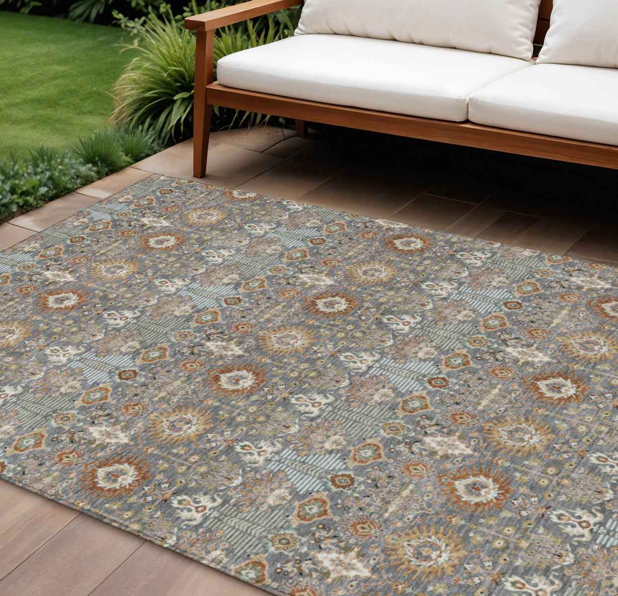 9' X 12' Gray And Copper Floral Washable Indoor Outdoor Area Rug