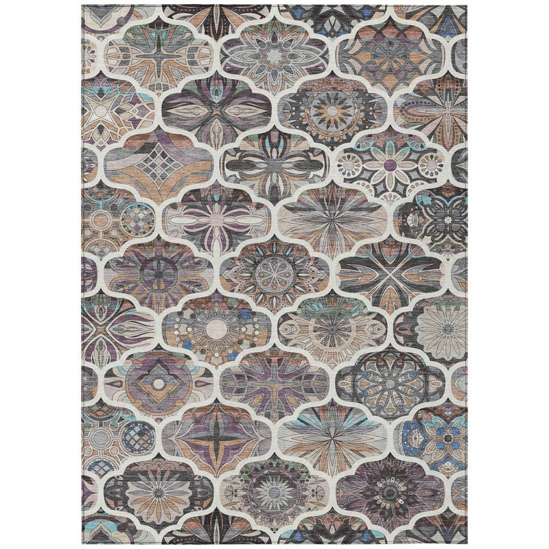 8' X 10' Gray Lavender And Ivory Quatrefoil Washable Indoor Outdoor Area Rug
