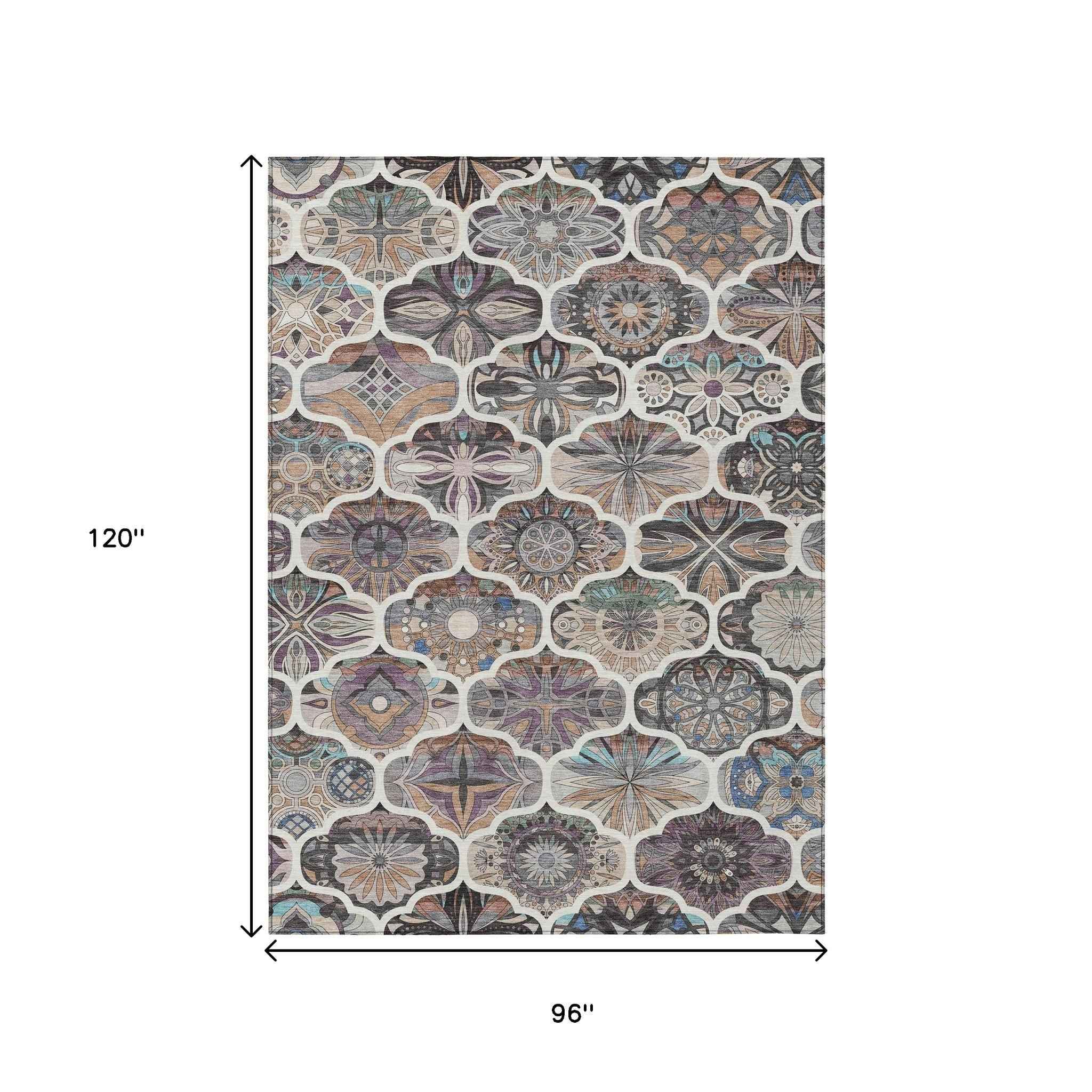 8' X 10' Gray Lavender And Ivory Quatrefoil Washable Indoor Outdoor Area Rug