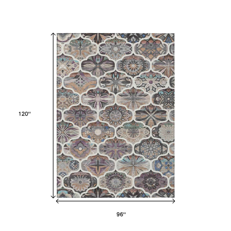8' X 10' Gray Lavender And Ivory Quatrefoil Washable Indoor Outdoor Area Rug