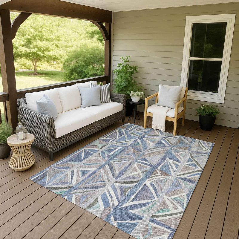 9' X 12' Denim Blue And Ivory Geometric Washable Indoor Outdoor Area Rug