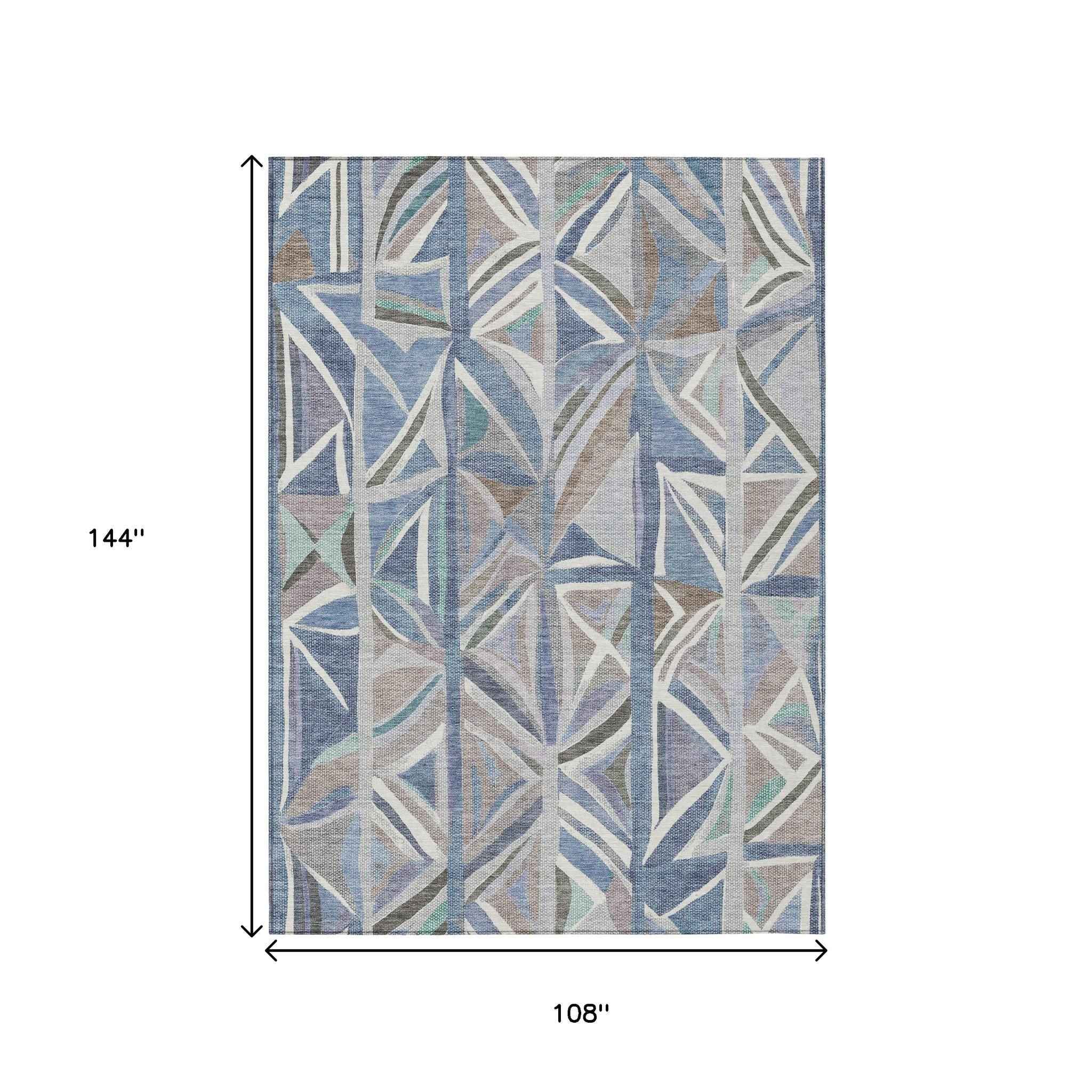 9' X 12' Denim Blue And Ivory Geometric Washable Indoor Outdoor Area Rug