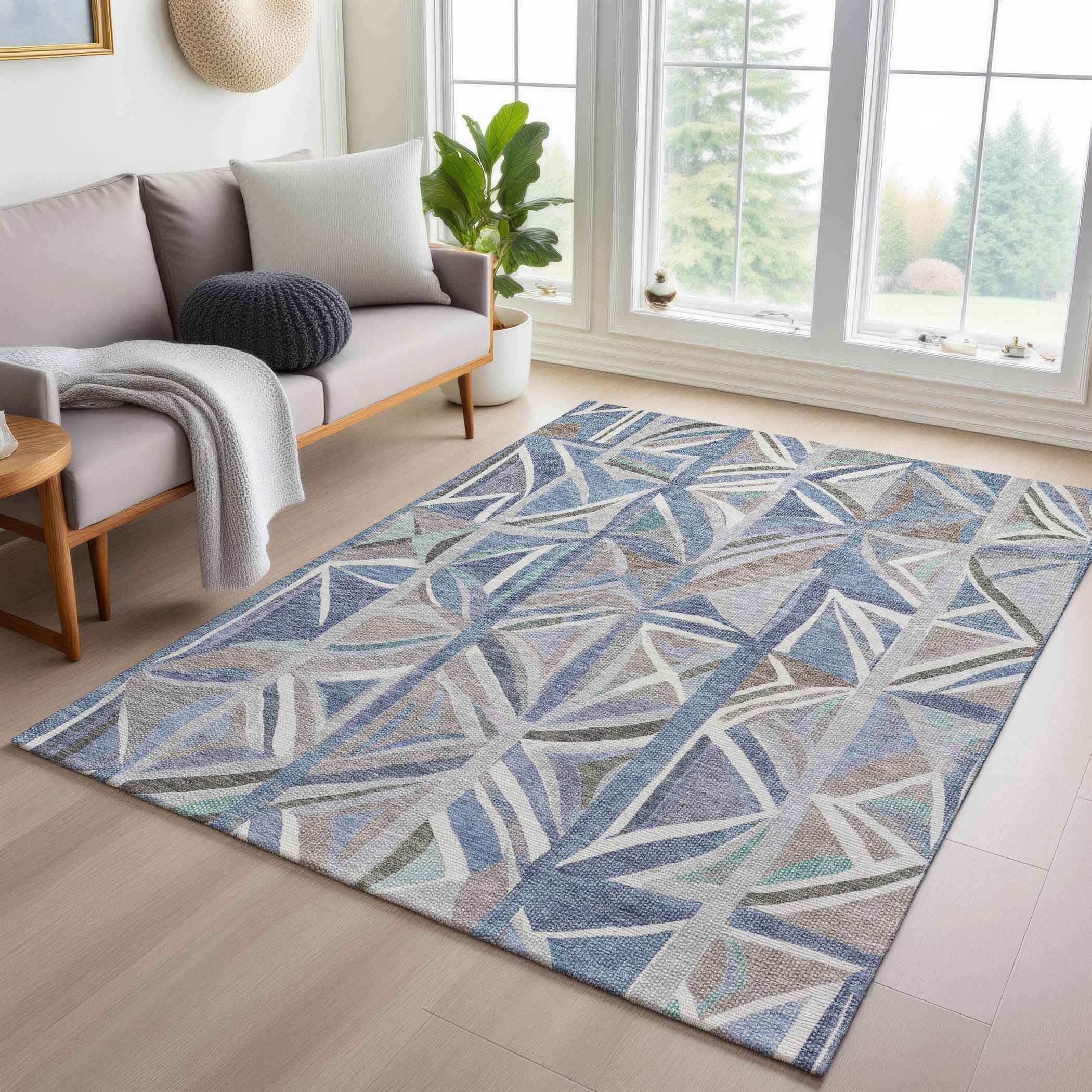 9' X 12' Denim Blue And Ivory Geometric Washable Indoor Outdoor Area Rug